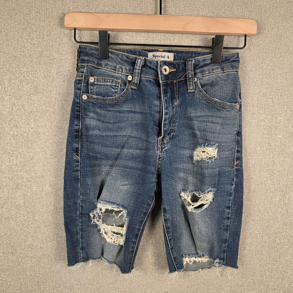 Special A Distressed Denim Bermuda Shorts Blue High Rise Raw Hem P7678M Size 1